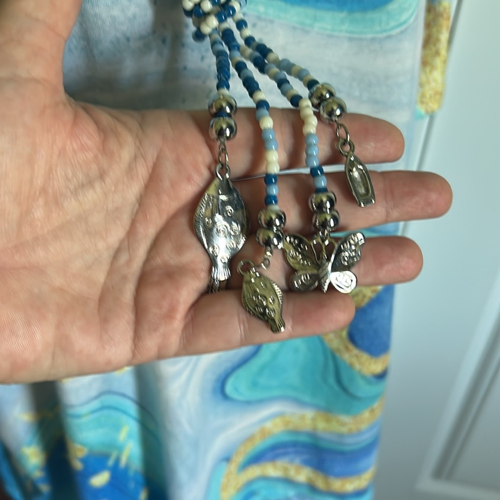 Aqua Blue & Gold Wavy Swirl Pattern Design Knit Top Short Sleeves Scoop Neck 5XL - Picture 15 of 16